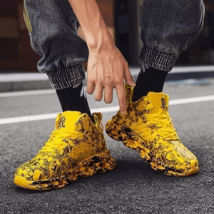 Men's Air Cushion Sneakers With Ink Splashing Design - Yellow