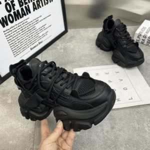 Women Mesh Breathable Chunky Sole Sneakers - Black